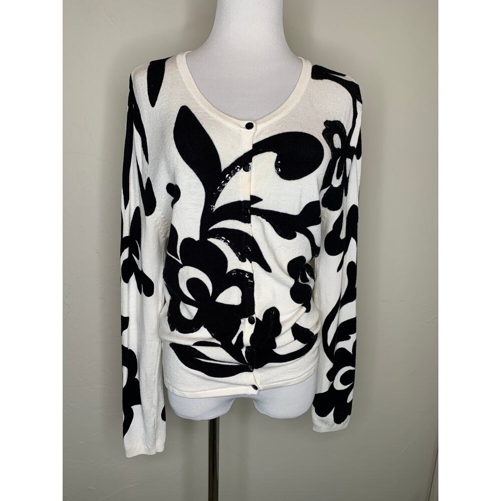 Elizabeth Embellished Floral Black Cream Cardigan Sz Small Petite